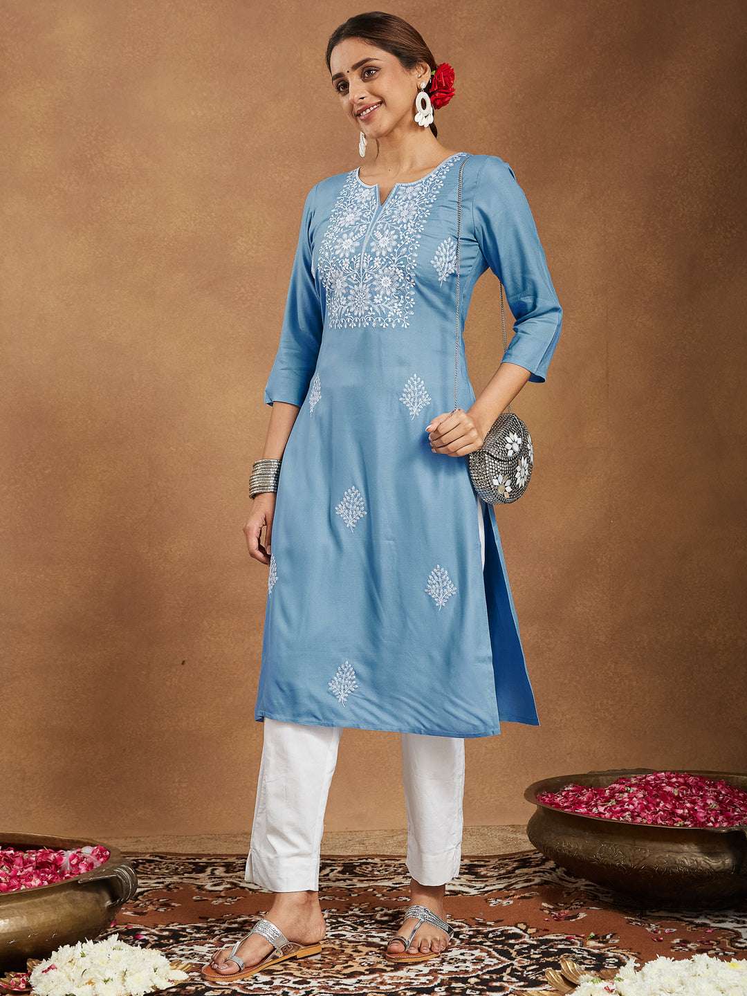 Stylish Kurti for Women -  Celeste Sky Blue Embroidered Rayon Straight Stylish Kurti for Women My Store