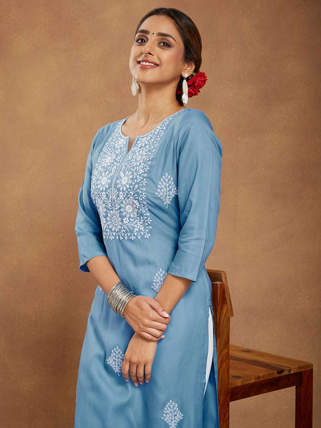 Stylish Kurti for Women - Celeste Sky Blue Embroidered Rayon Straight Stylish Kurti for Women My Store