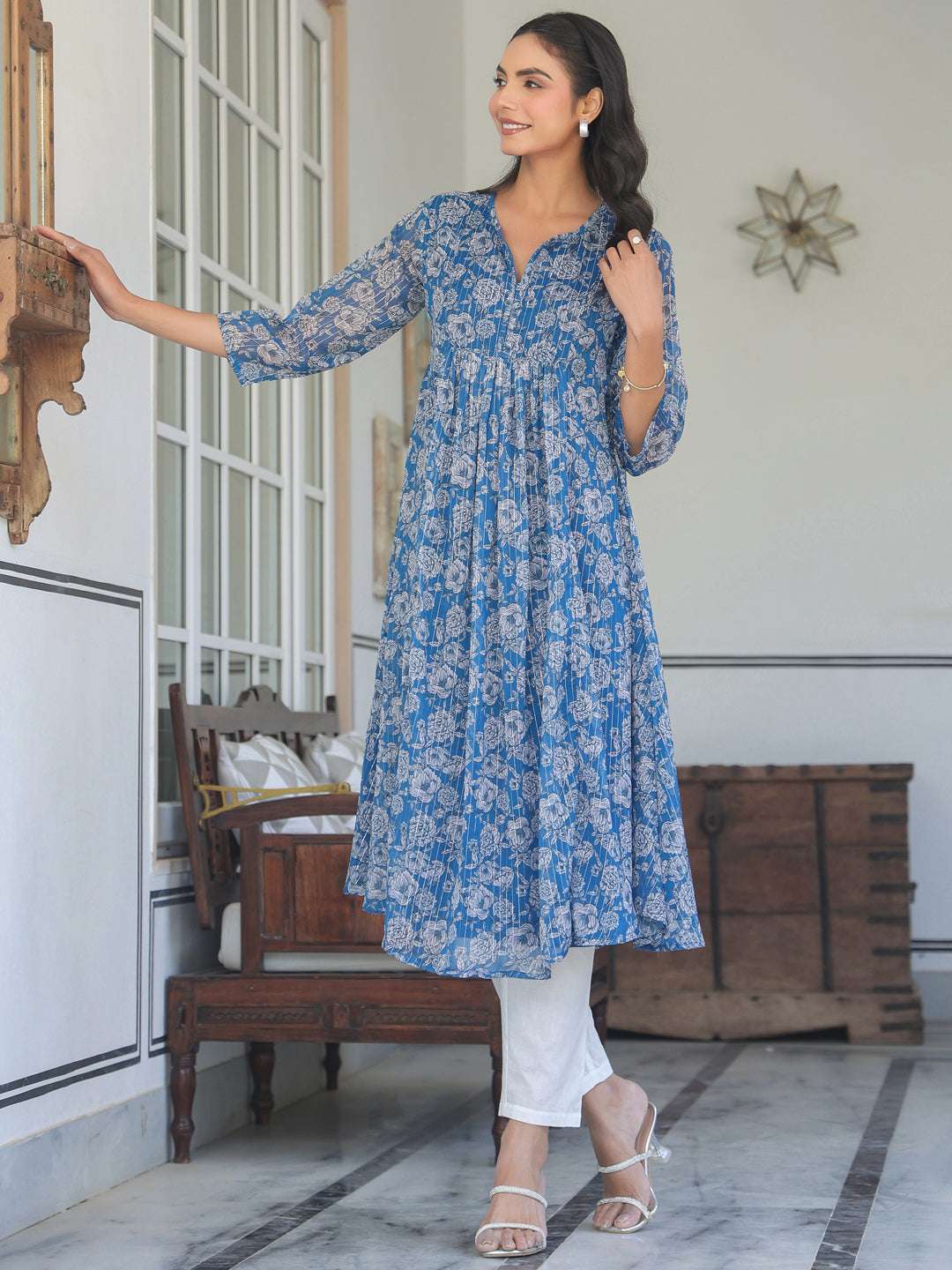 Myra Blue Chiffon Floral Stylish Kurti Sajnaa