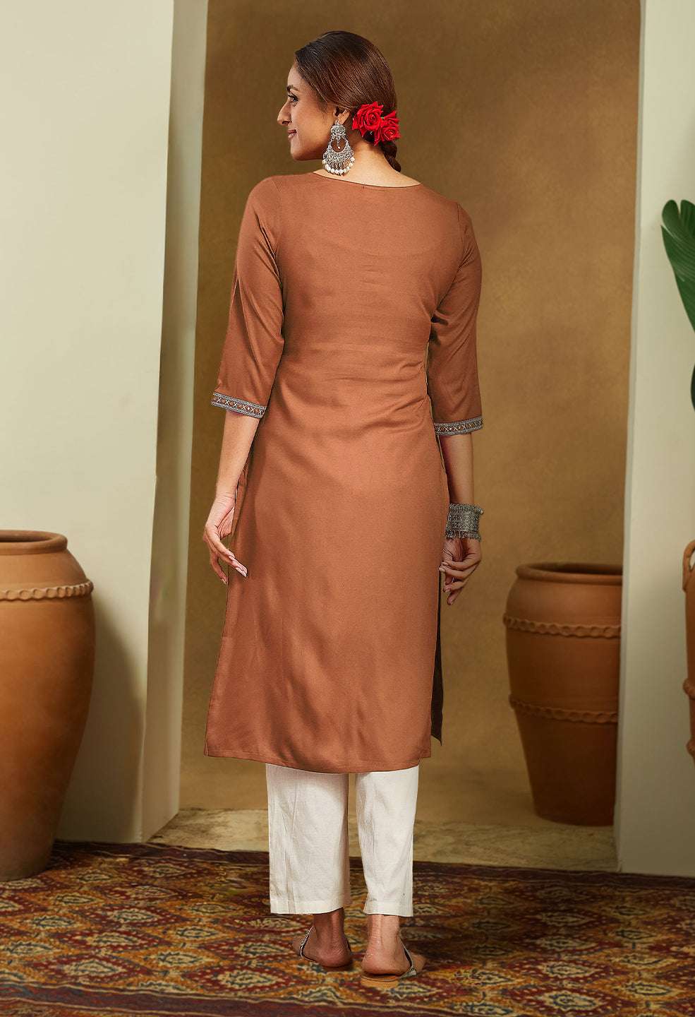 Siena Brown Embroidered Rayon Straight Stylish Kurti for Women Sajnaa