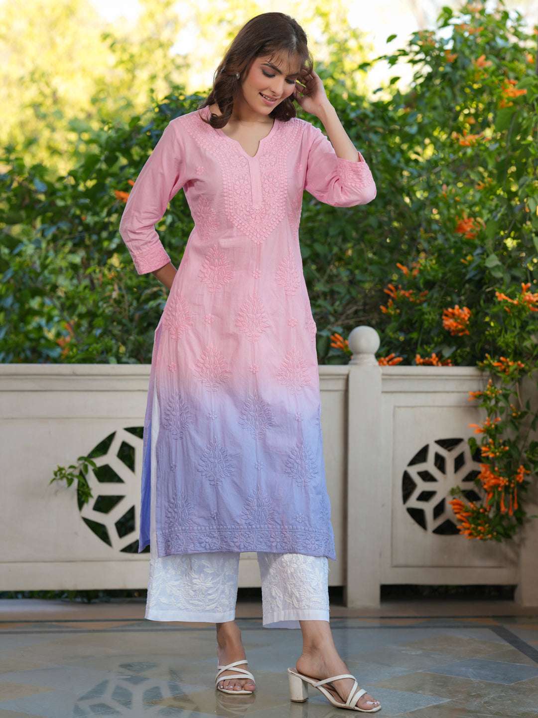 Baby Pink Ombre Pure Cotton Chikankari Embroidered Straight Kurta My Store