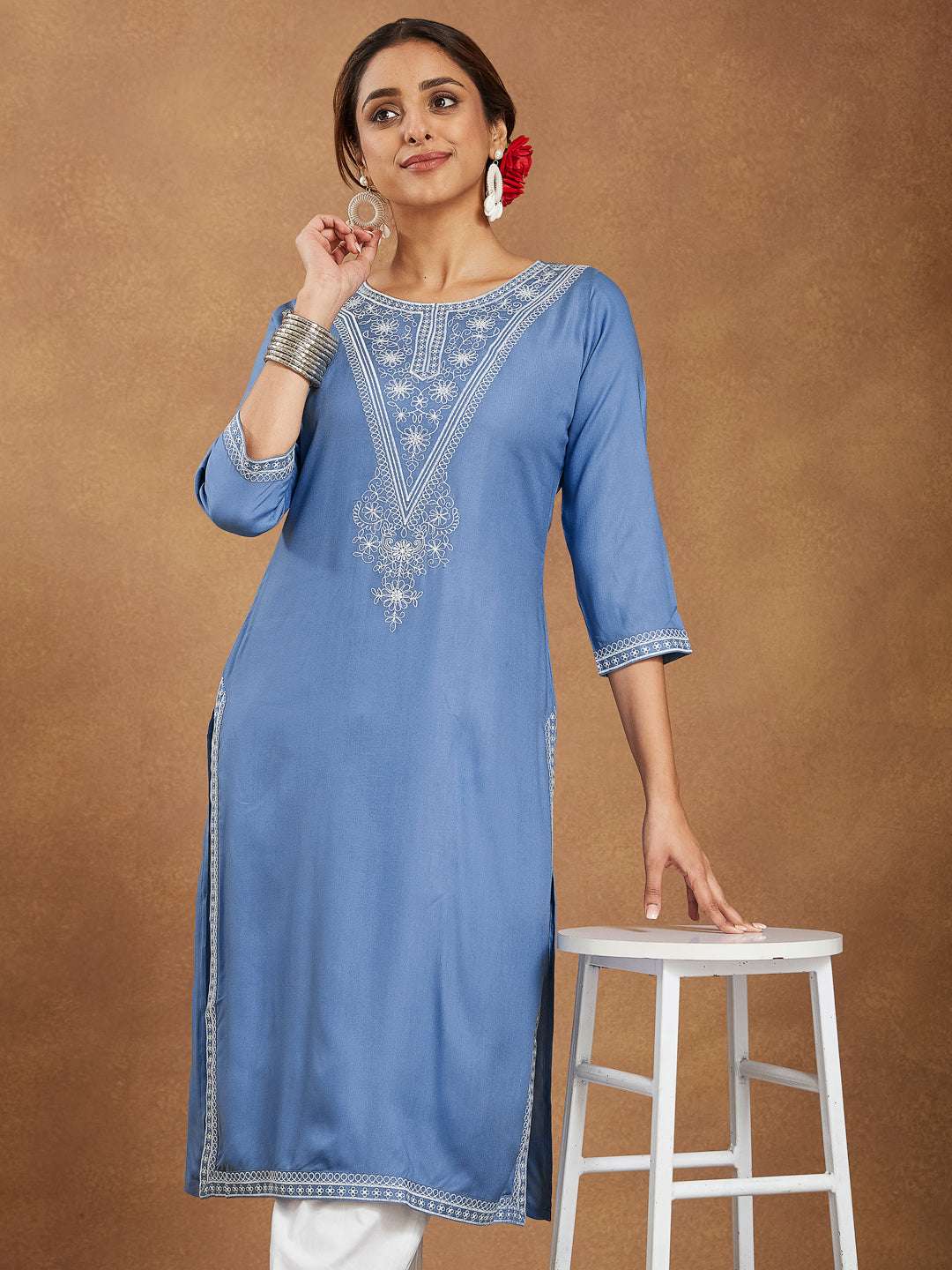 Lyla Sky Blue Embroidered Rayon Straight Stylish Kurti for Women My Store