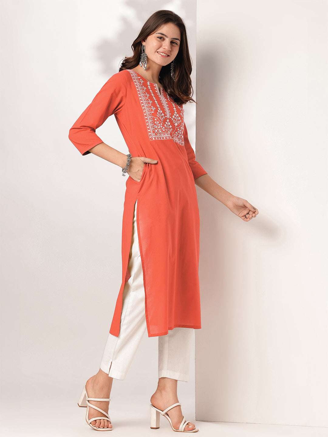 Devika Rust Cotton Embroidered Stylish Kurti for Women Sajnaa
