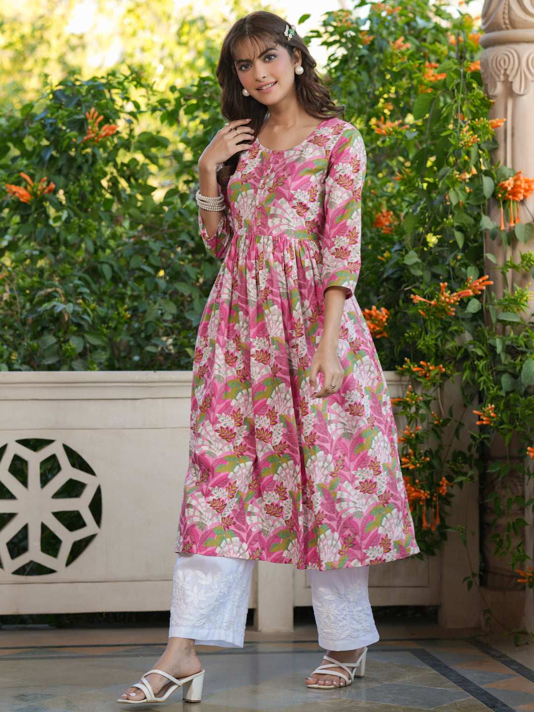 Amara Pink Floral Cotton A-Line Stylish Kurti for Women My Store