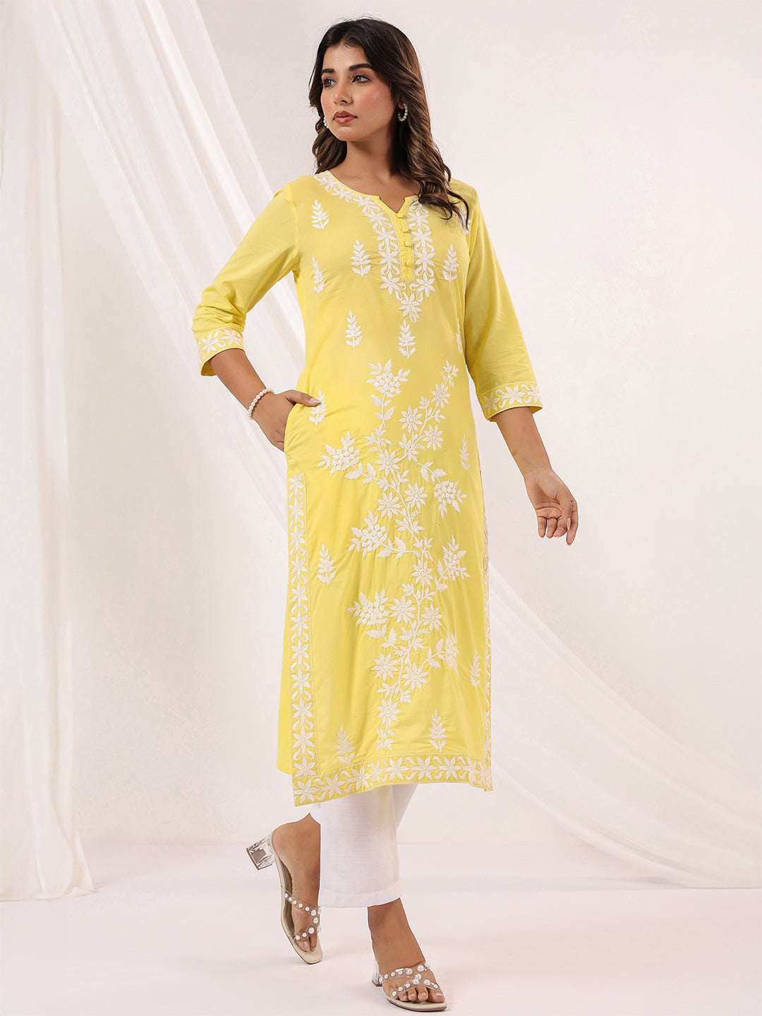 Kavisha Yellow Cotton Chikankari Stylish Kurti for Women Sajnaa