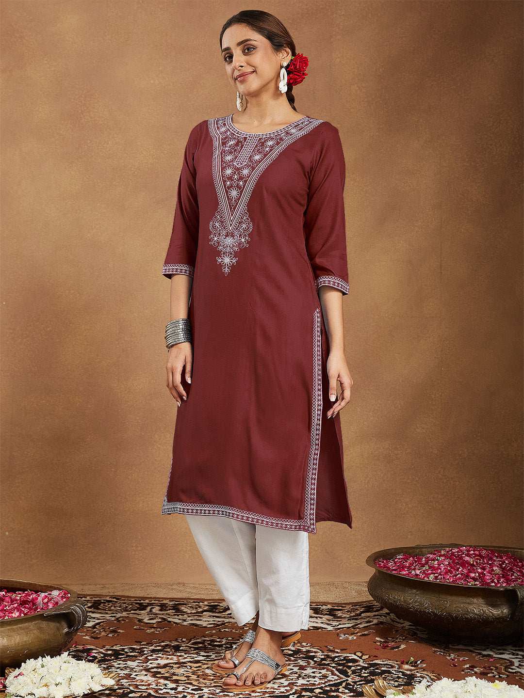 Ruby Maroon Embroidered Rayon Straight Stylish Kurti for Women My Store