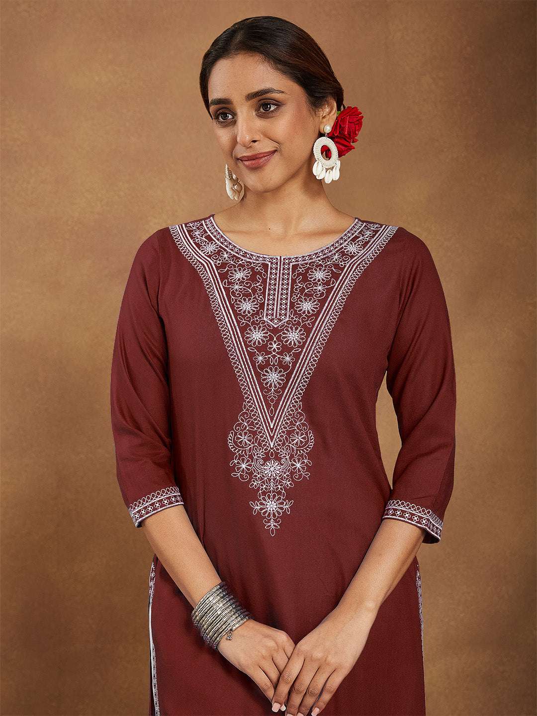 Ruby Maroon Embroidered Rayon Straight Stylish Kurti for Women My Store
