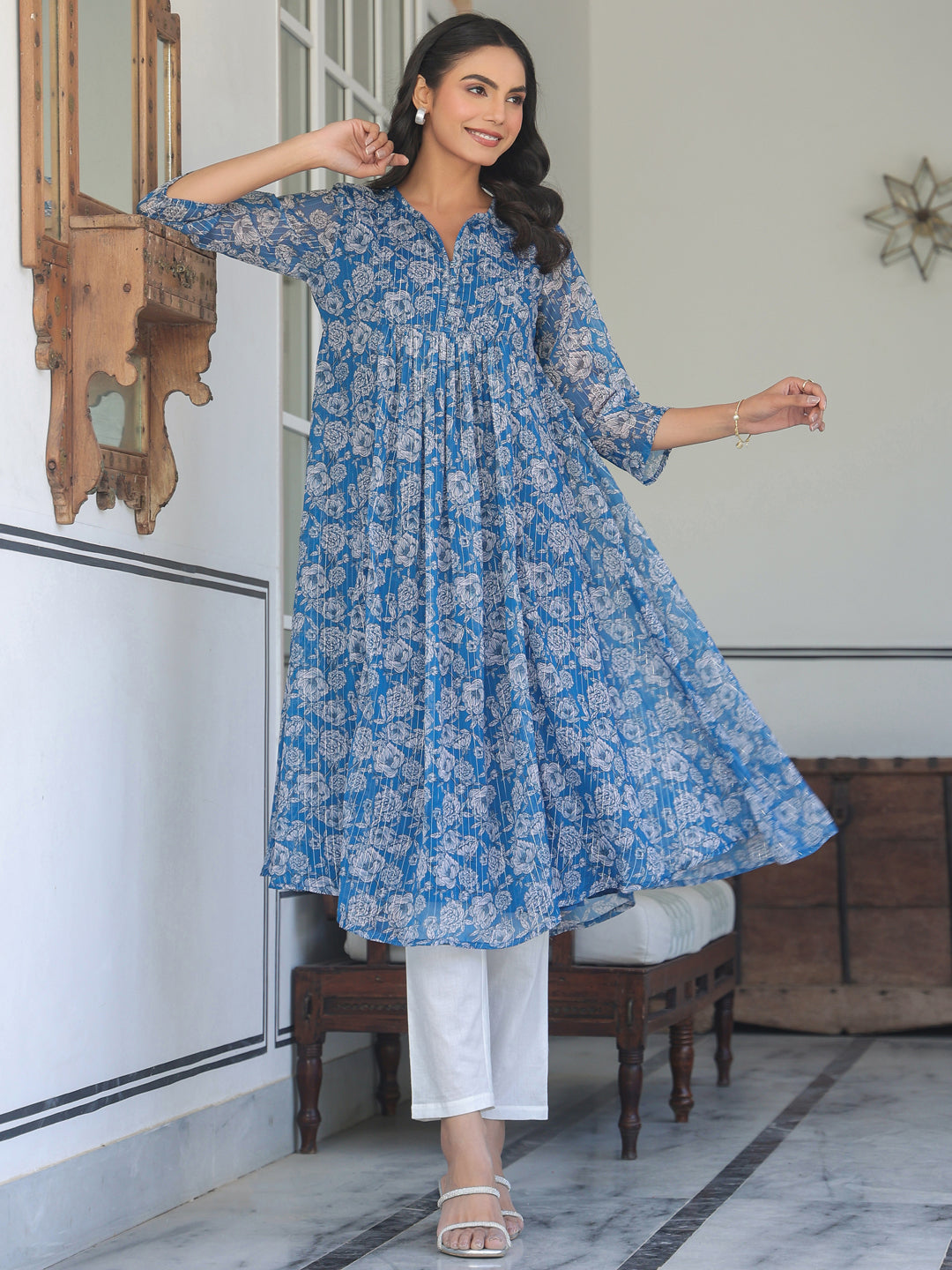 Myra Blue Chiffon Floral Stylish Kurti