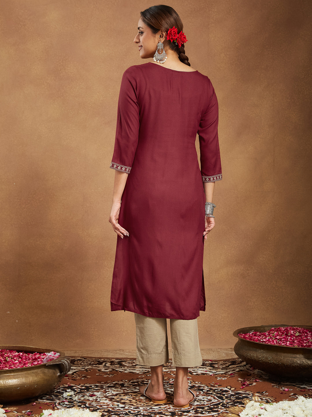 Amara Maroon Embroidered Rayon Straight Stylish Kurti for Women