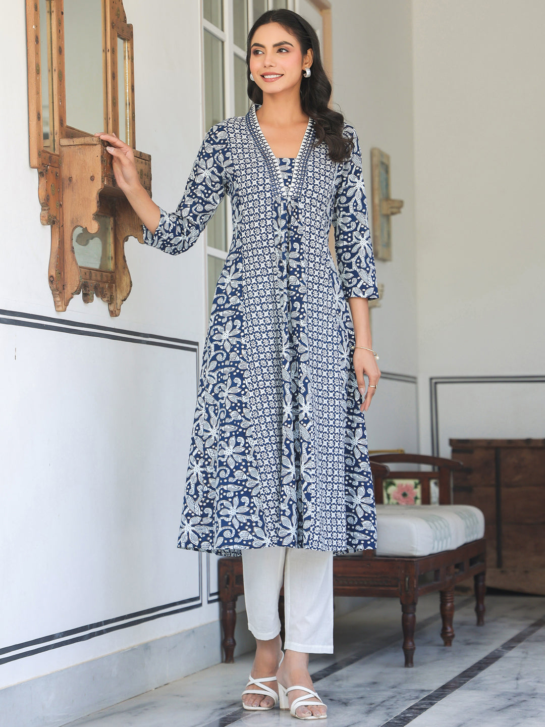 Kavisha Indigo Floral Cotton Kurti for Women