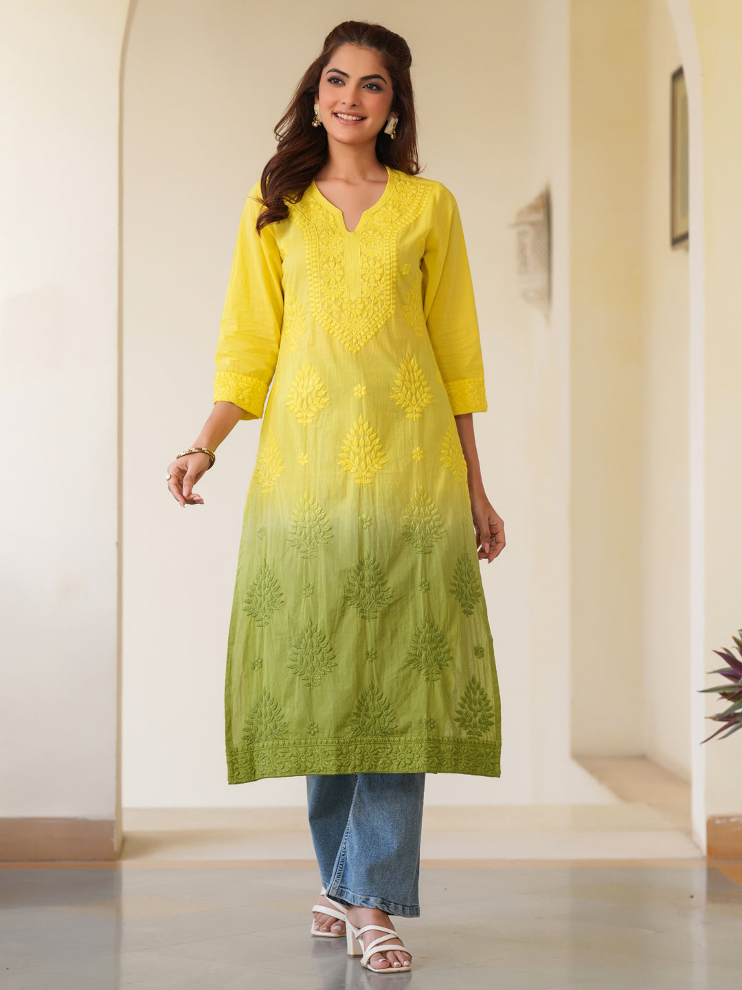 Zara Lime Yellow Ombre Chikankari Stylish Kurti for Women
