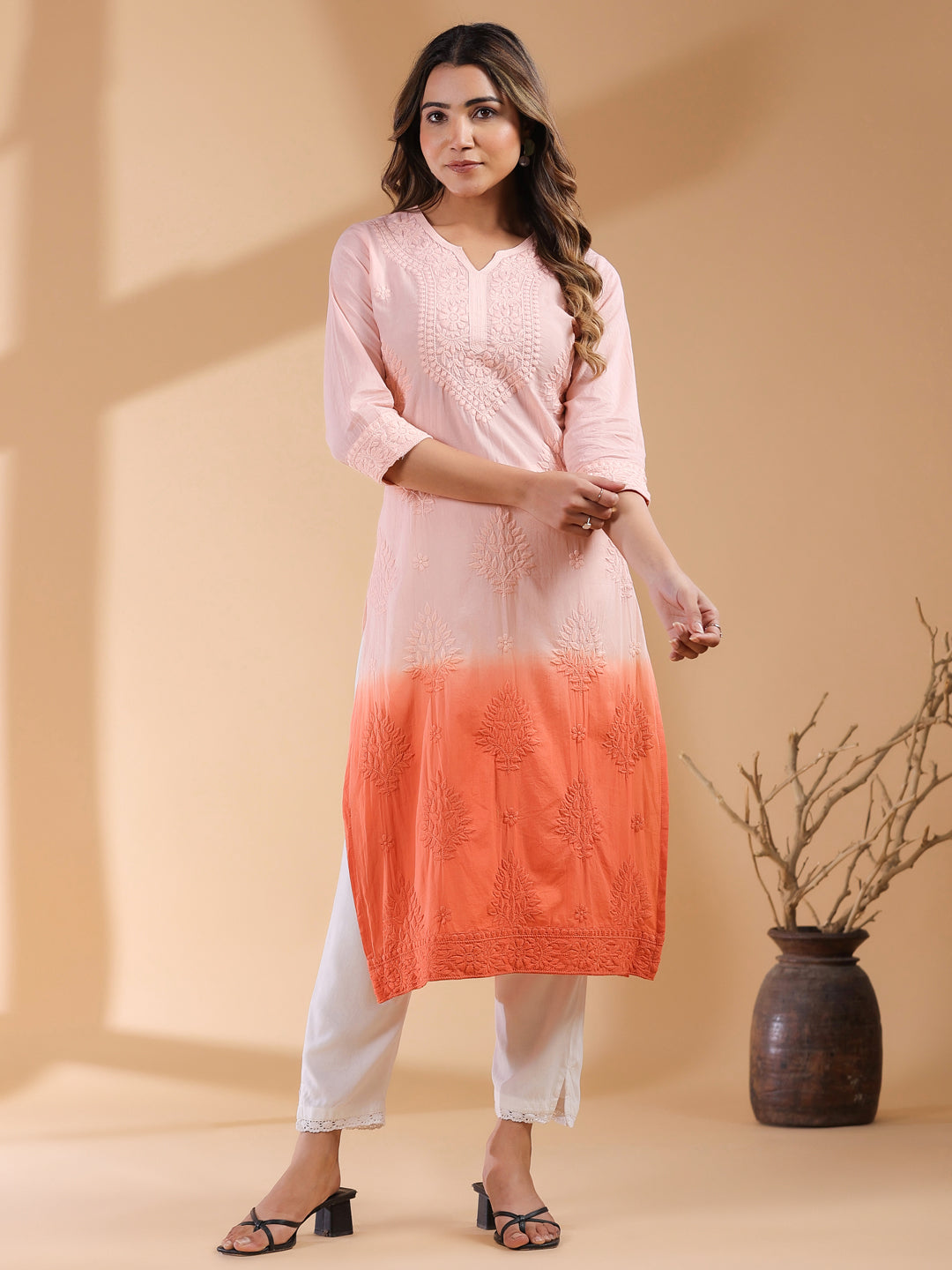 Lyra Peach Ombre Chikankari Stylish Kurti for Women