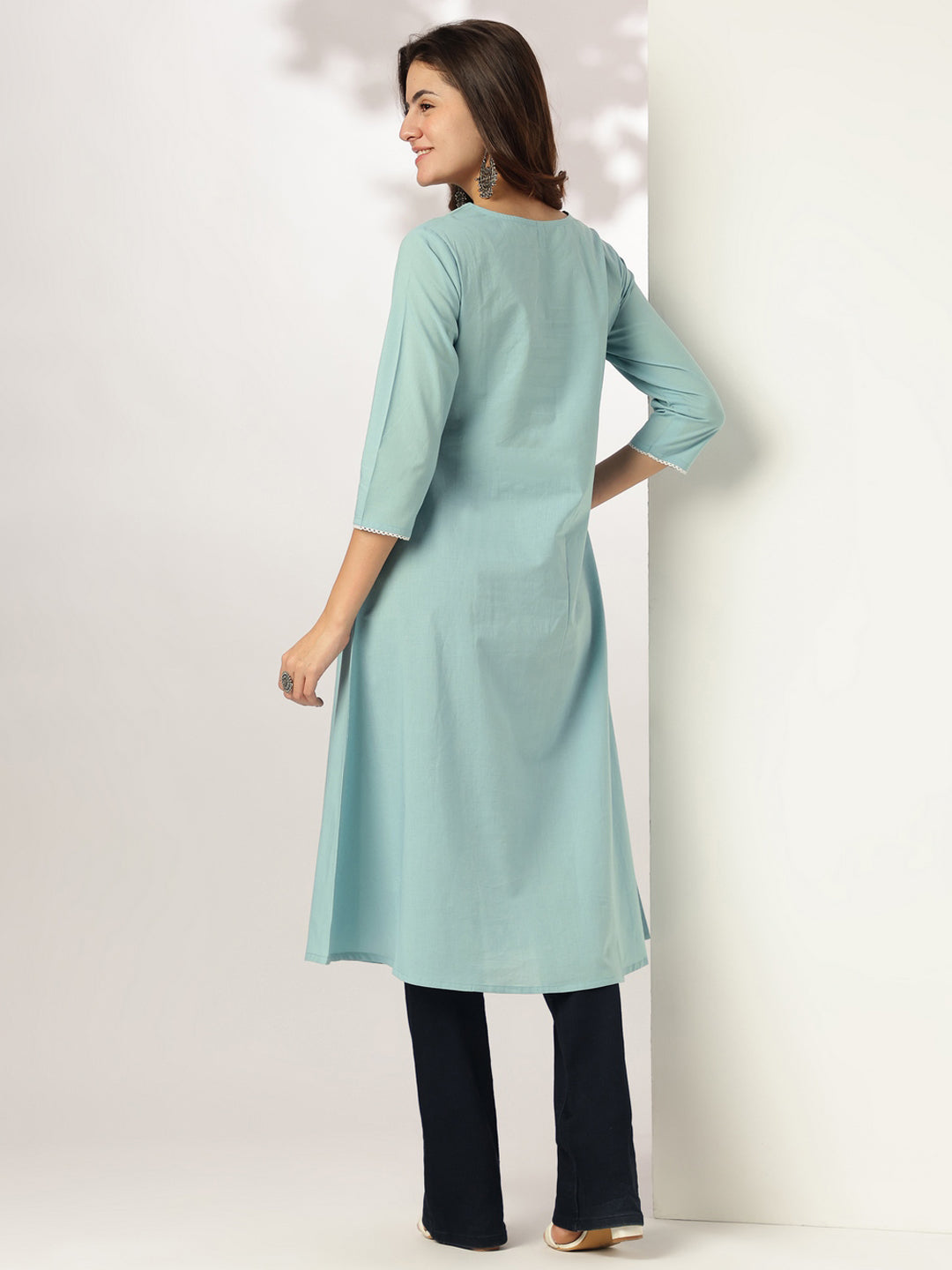 Vedika Light Blue Cotton Embroidered Stylish Kurti for Women