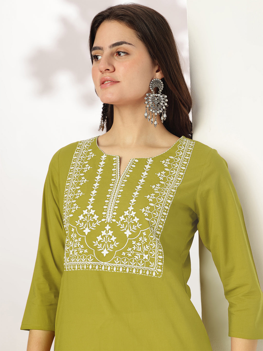 Charvi Lime Green Cotton Embroidered Stylish Kurti for Women