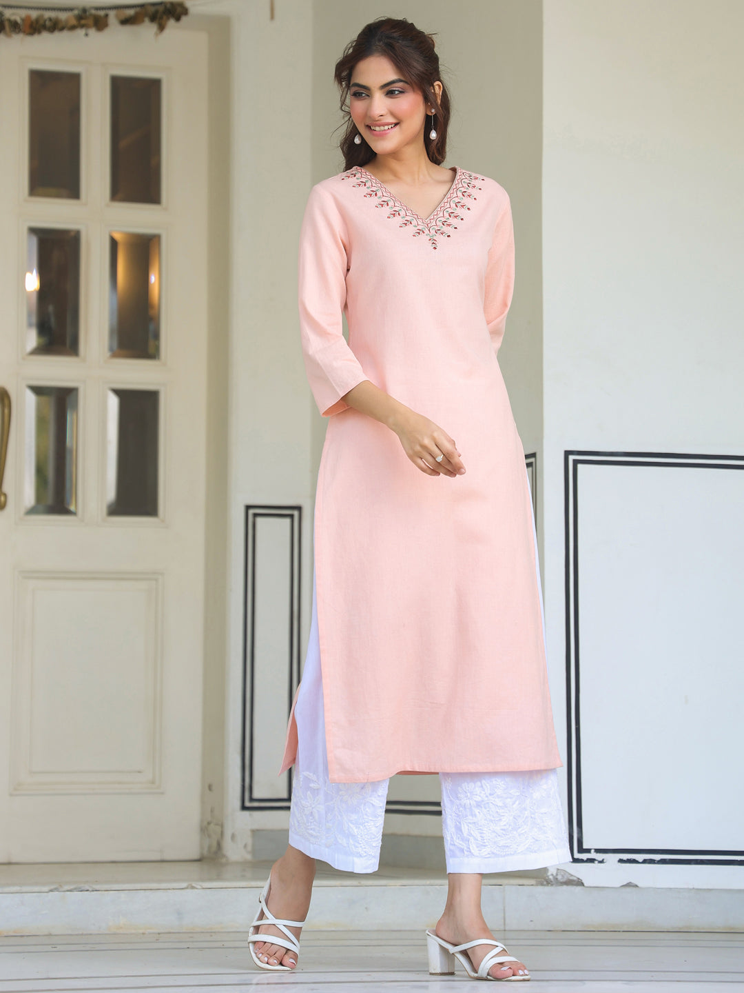 Vedika Peach Cotton Embroidered Stylish Kurti for Women