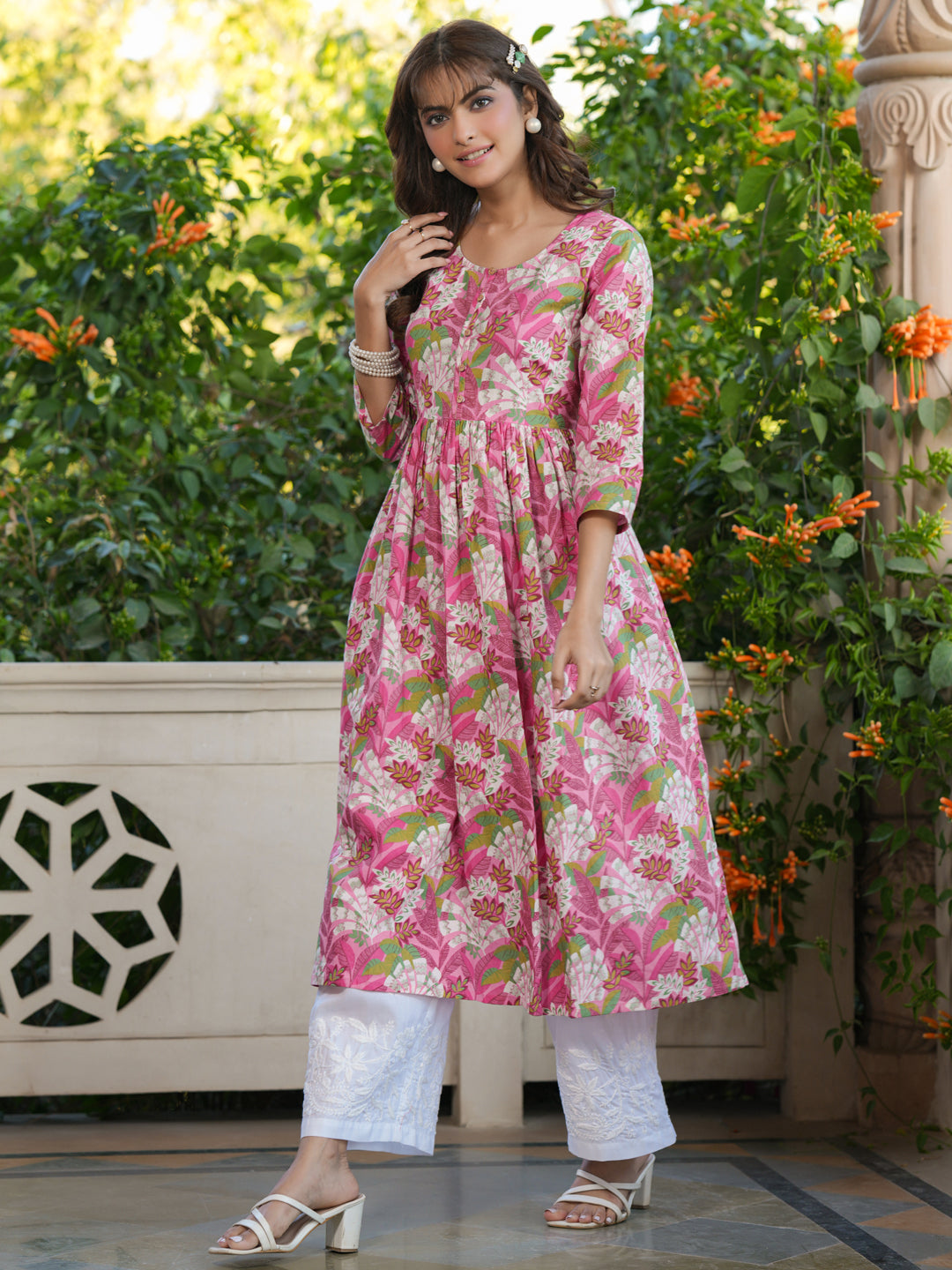 Amara Pink Floral Cotton A-Line Stylish Kurti for Women