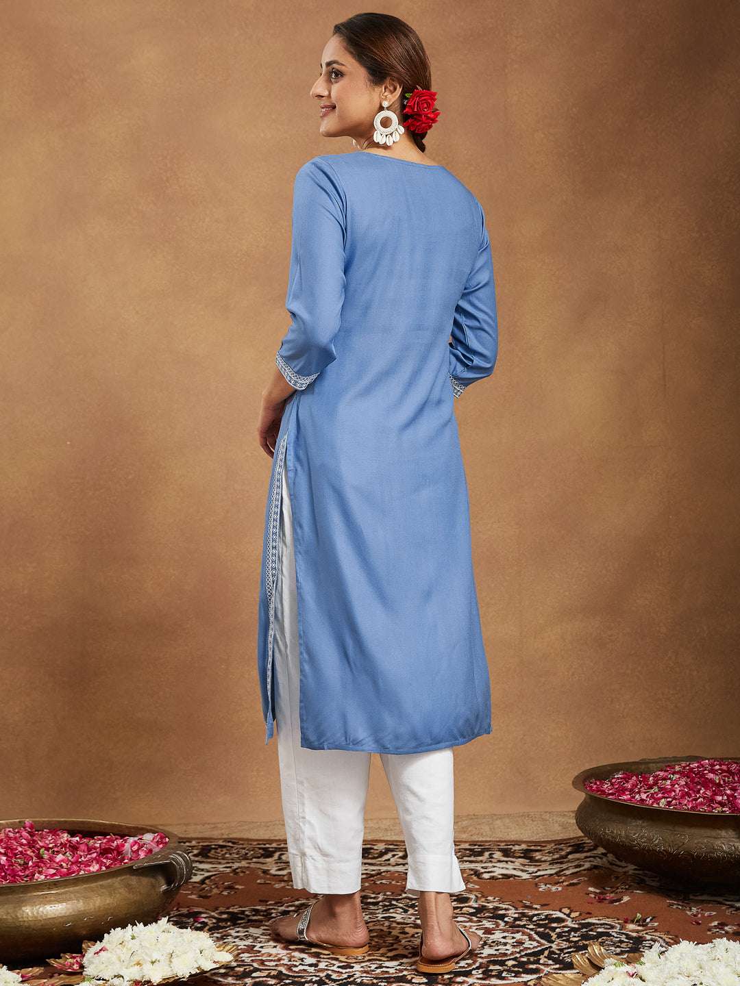 Lyla Sky Blue Embroidered Rayon Straight Stylish Kurti for Women My Store