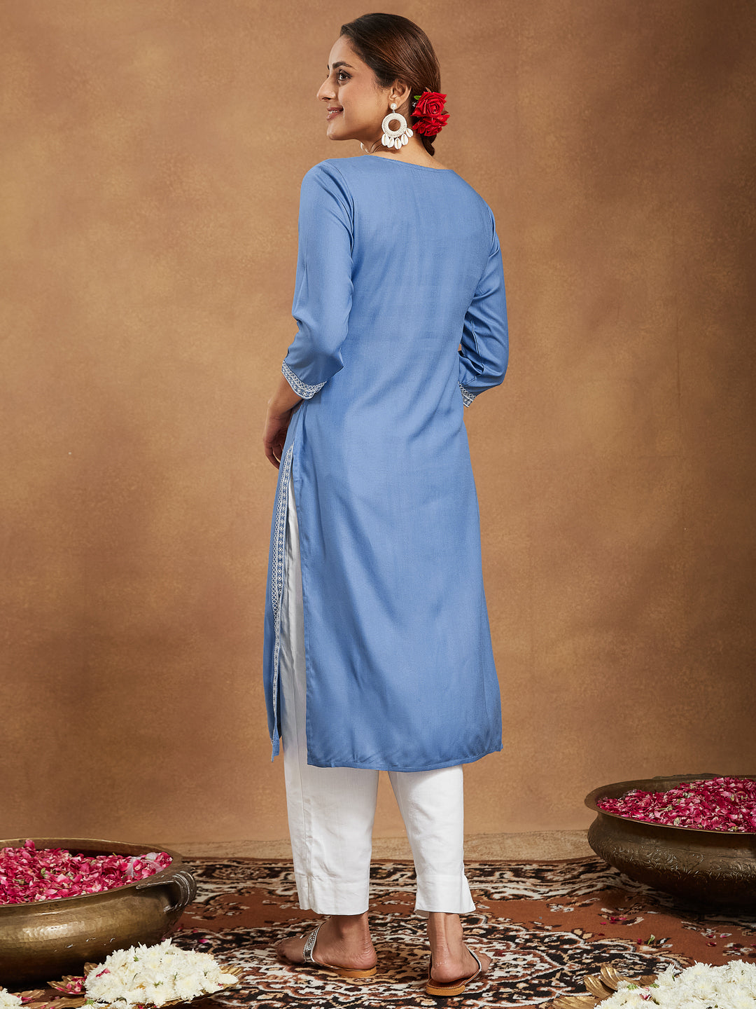 Lyla Sky Blue Embroidered Rayon Straight Stylish Kurti for Women