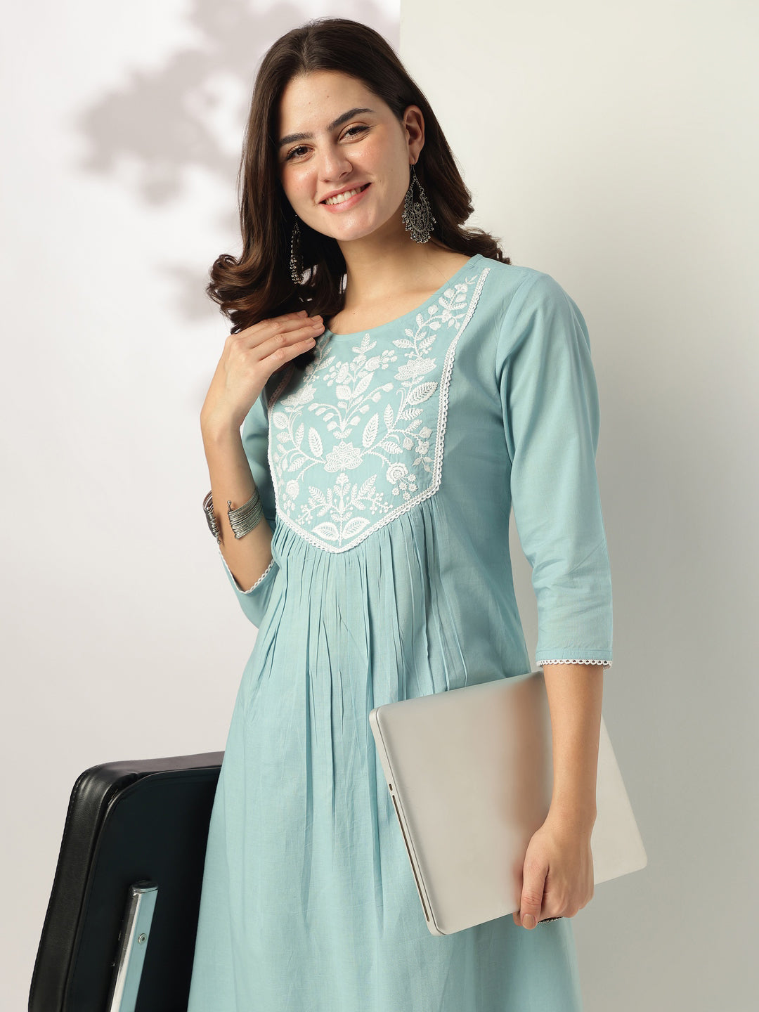 Vedika Light Blue Cotton Embroidered Stylish Kurti for Women