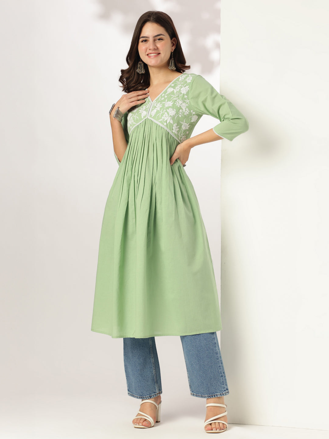 Vedika Light Green Cotton Embroidered Stylish Kurti for Women