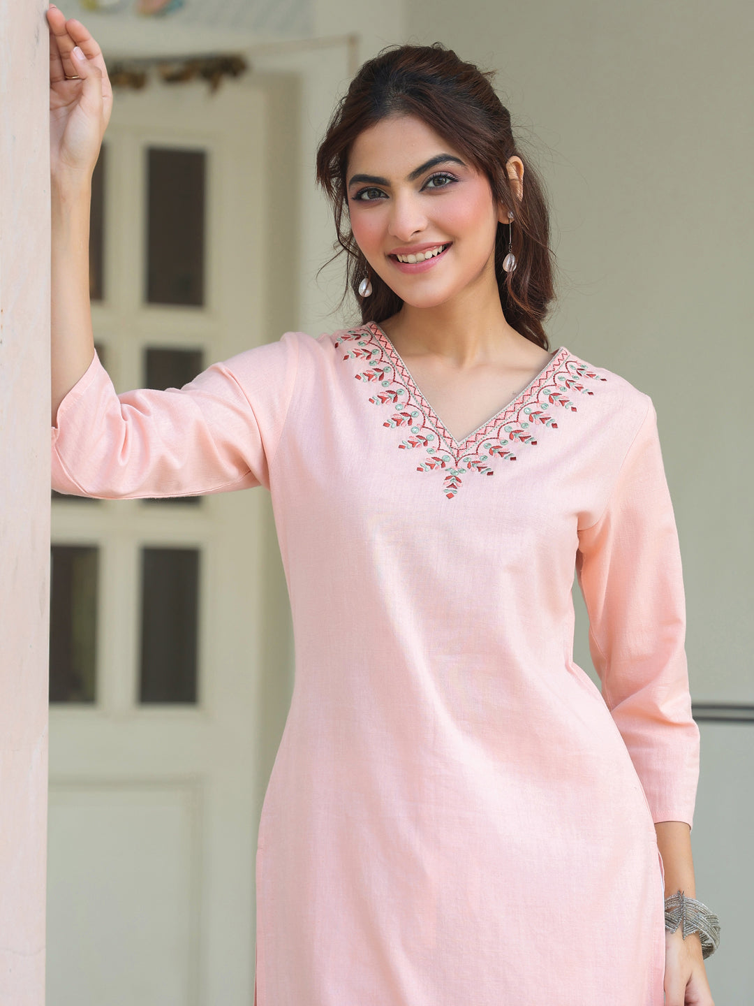 Vedika Peach Cotton Embroidered Stylish Kurti for Women