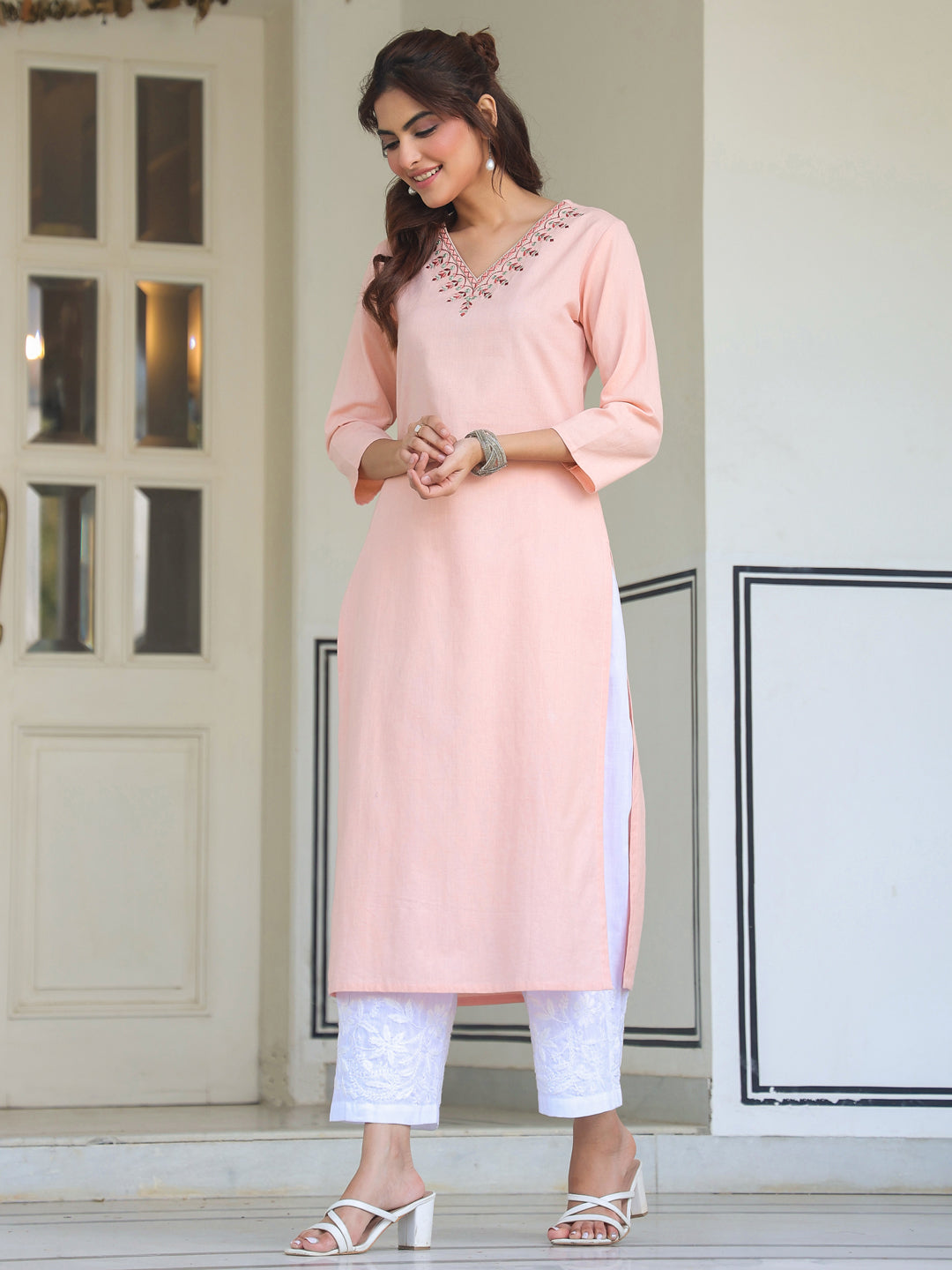 Vedika Peach Cotton Embroidered Stylish Kurti for Women