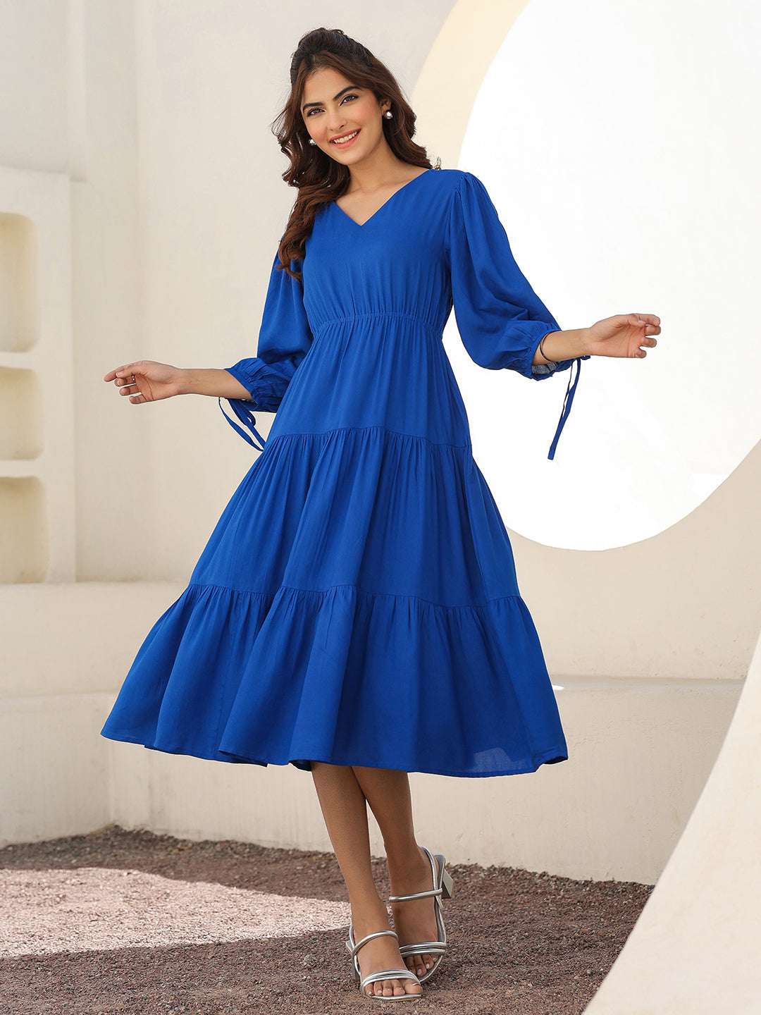 Royal Blue Rayon Solid Tiered Dress My Store