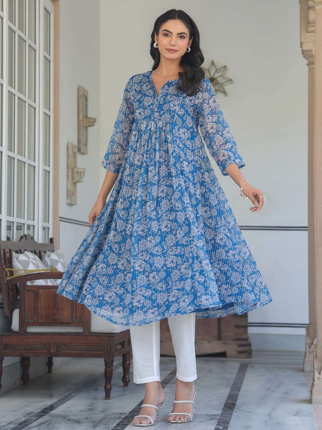 Myra Blue Chiffon Floral Stylish Kurti My Store