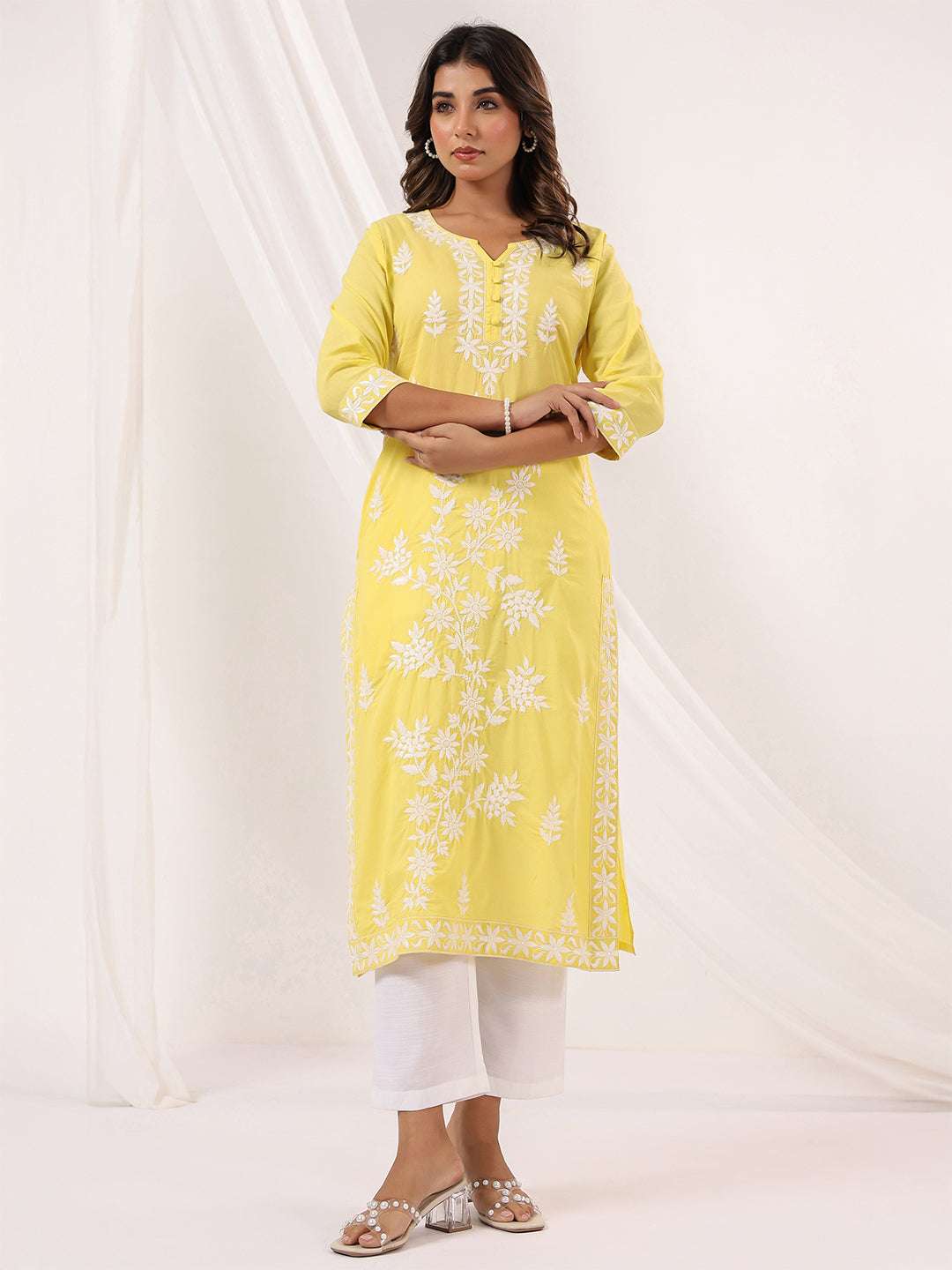 Kavisha Yellow Cotton Chikankari Stylish Kurti for Women Sajnaa