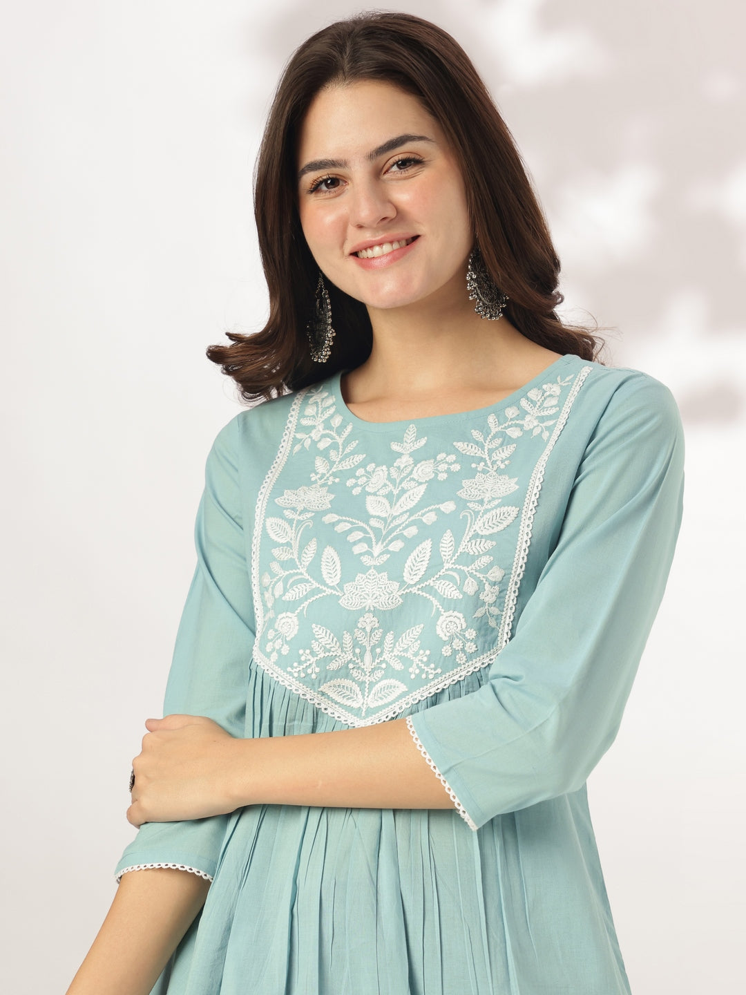 Vedika Light Blue Cotton Embroidered Stylish Kurti for Women