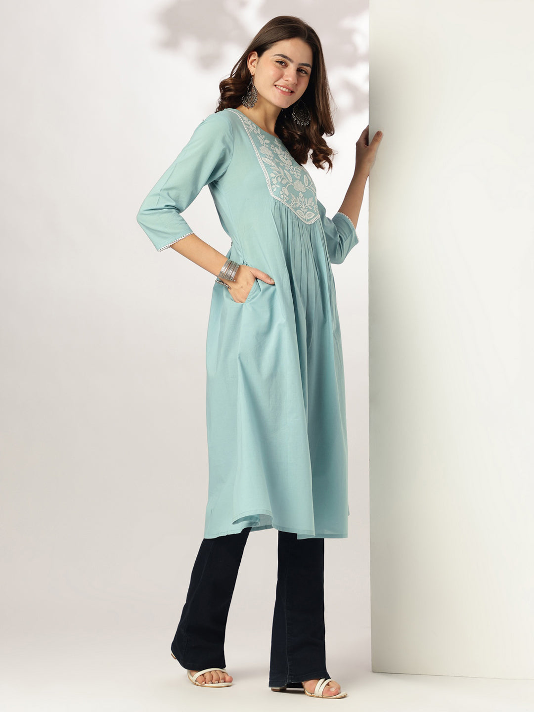 Vedika Light Blue Cotton Embroidered Stylish Kurti for Women