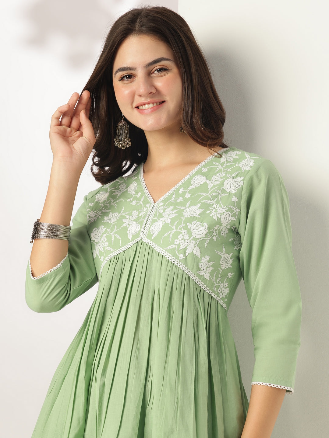 Vedika Light Green Cotton Embroidered Stylish Kurti for Women