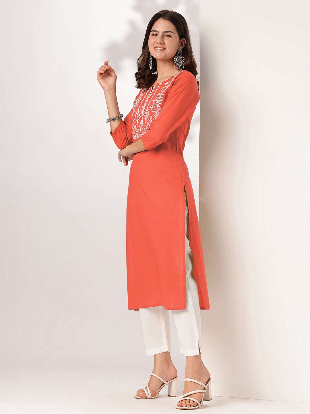 Devika Rust Cotton Embroidered Stylish Kurti for Women Sajnaa