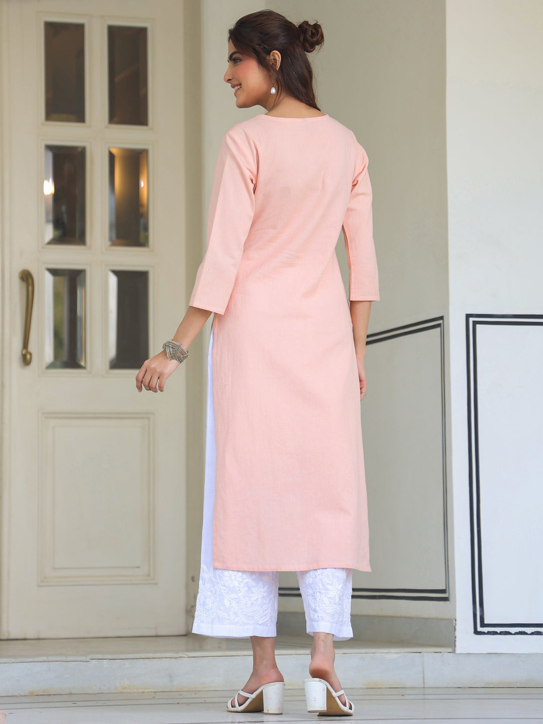 Vedika Peach Cotton Embroidered Stylish Kurti for Women