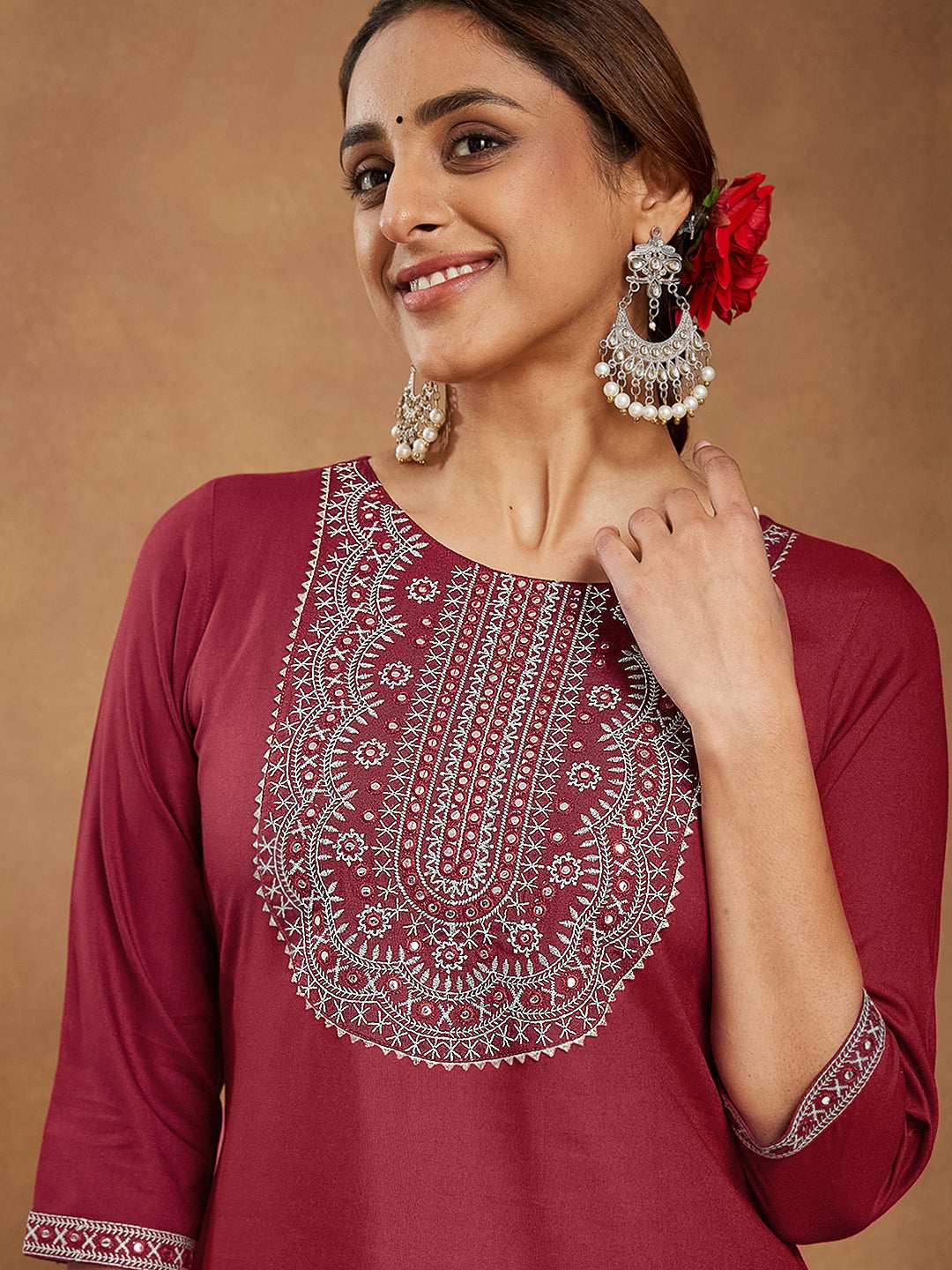 Ruby Maroon Embroidered Rayon Straight Stylish Kurti for Women My Store