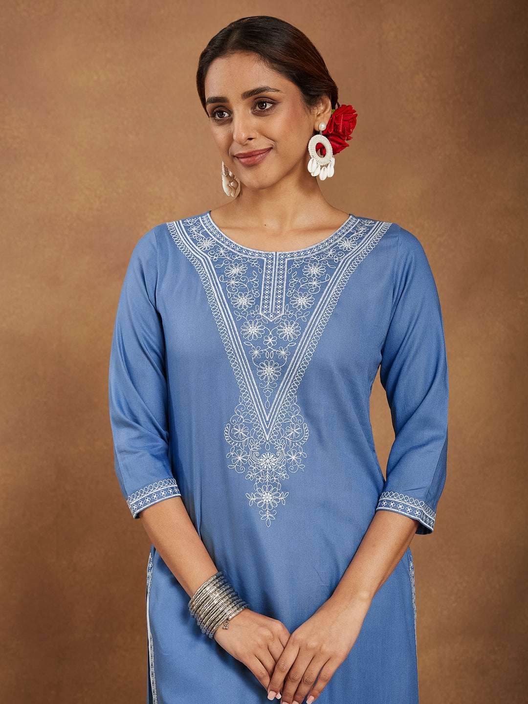 Lyla Sky Blue Embroidered Rayon Straight Stylish Kurti for Women My Store