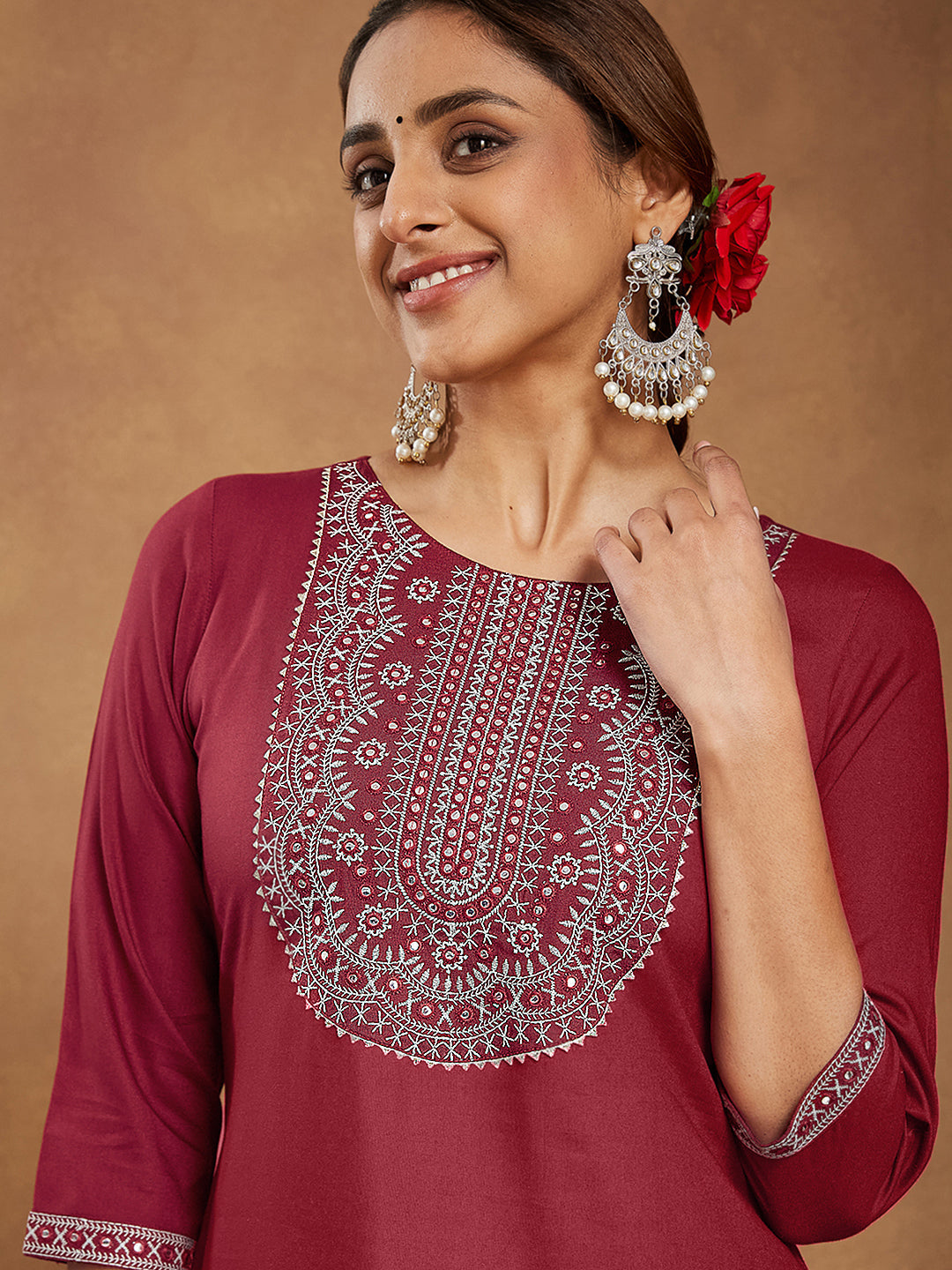 Ruby Maroon Embroidered Rayon Straight Stylish Kurti for Women