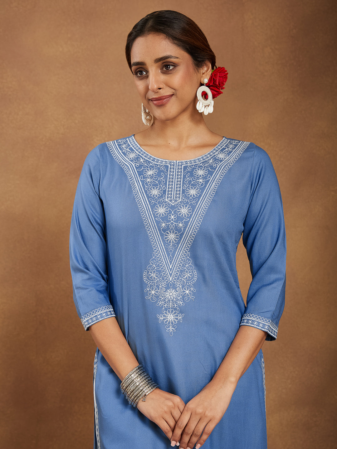 Lyla Sky Blue Embroidered Rayon Straight Stylish Kurti for Women