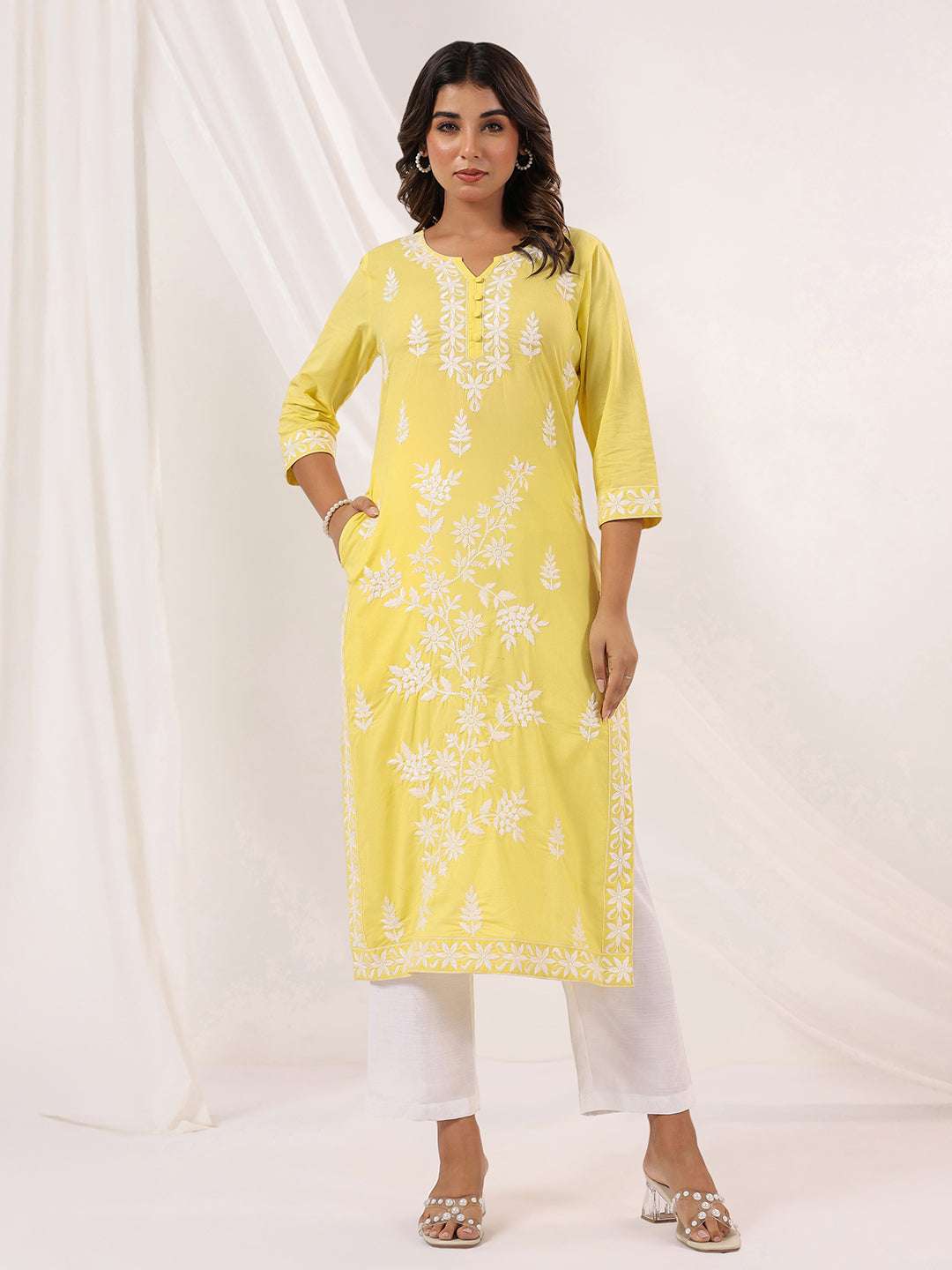 Kavisha Yellow Cotton Chikankari Stylish Kurti for Women Sajnaa