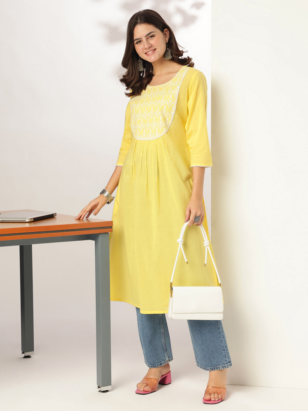 Myra Yellow Cotton Embroidered Stylish Kurti for Women