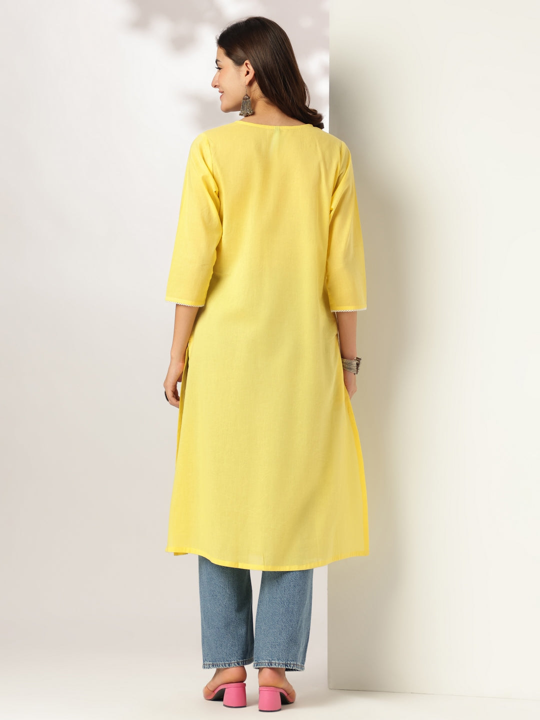 Myra Yellow Cotton Embroidered Stylish Kurti for Women