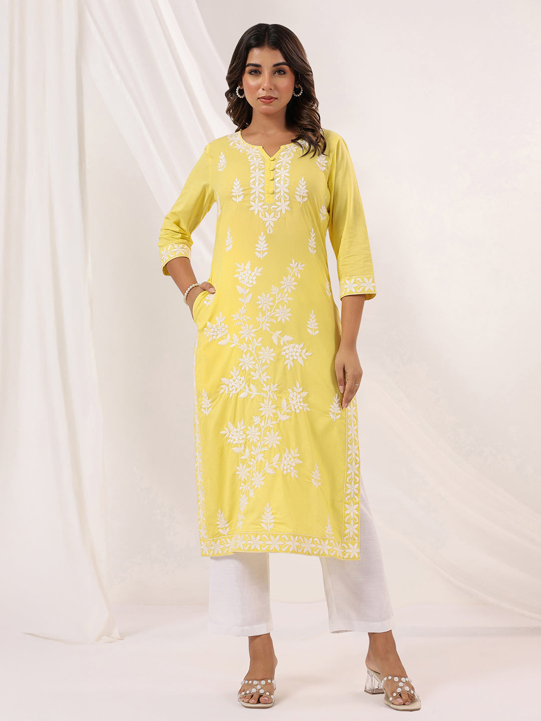 Kavisha Yellow Cotton Chikankari Stylish Kurti for Women