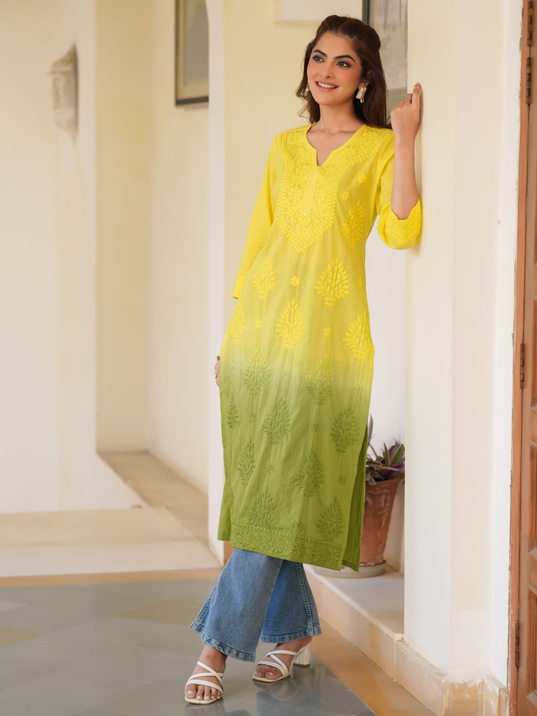 Zara Lime Yellow Ombre Chikankari Stylish Kurti for Women