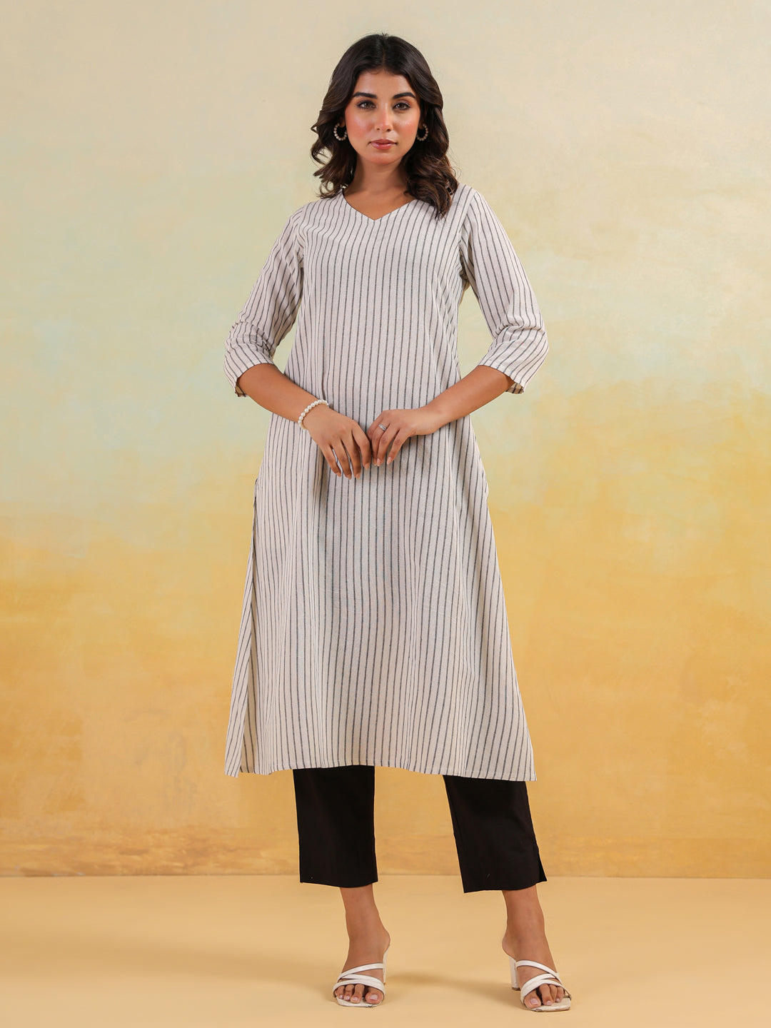 White Cotton Striped Straight Stylish Kurti for Women