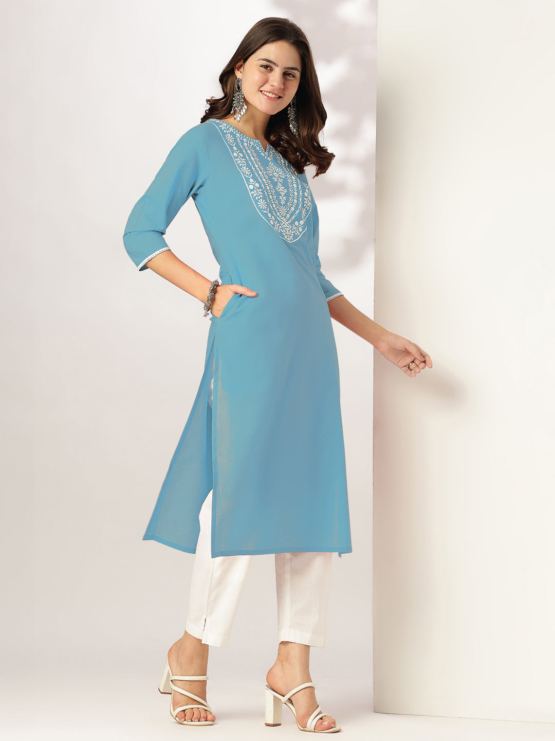 Light Blue Cotton Embroidered Straight Stylish Kurti for Women