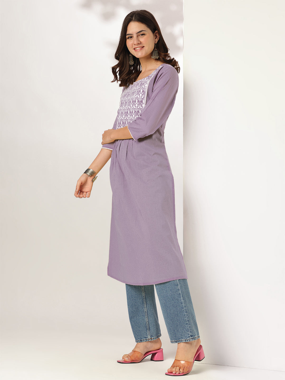 Lilac Grace A-Line Embroidered Stylish Kurti for Women