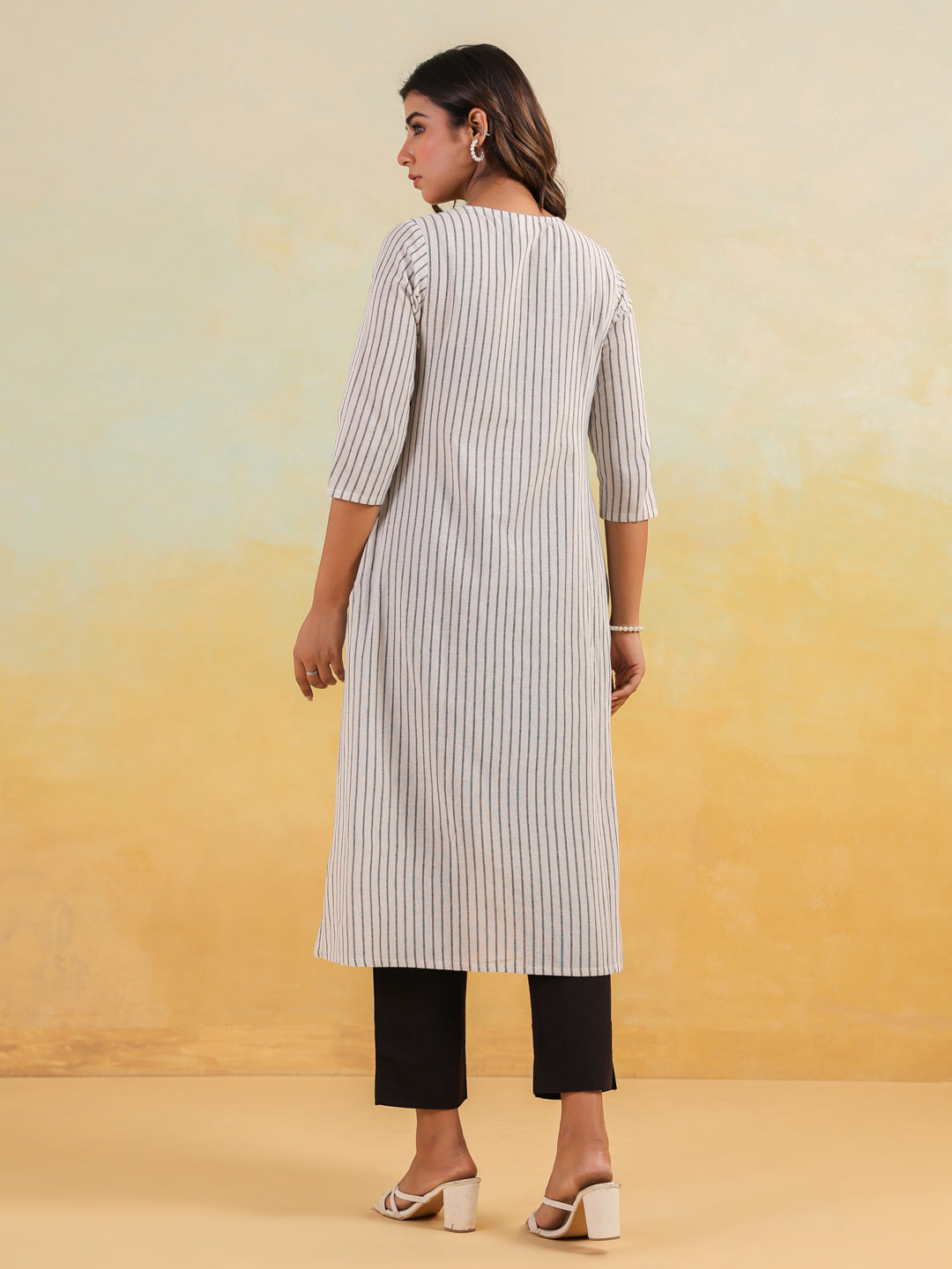White Cotton Striped Straight Stylish Kurti for Women
