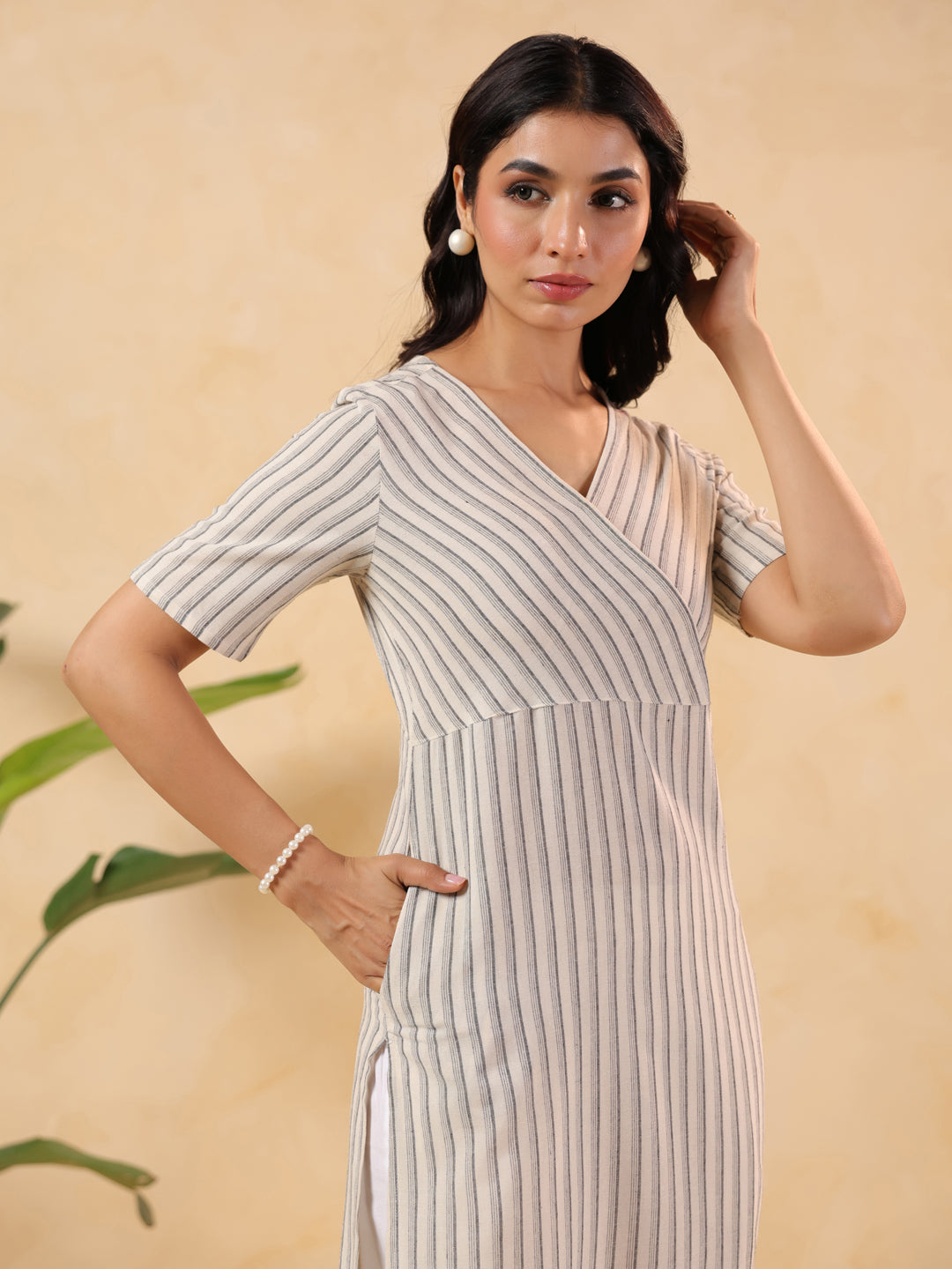 Off White Cotton Striped Wrap-Style Stylish Kurti for Women