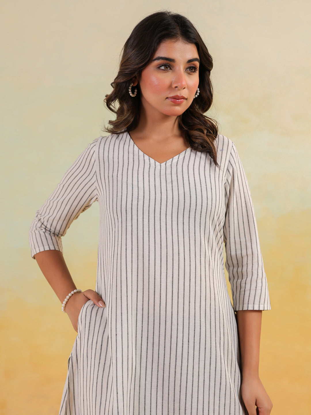 White Cotton Striped Straight Stylish Kurti for Women