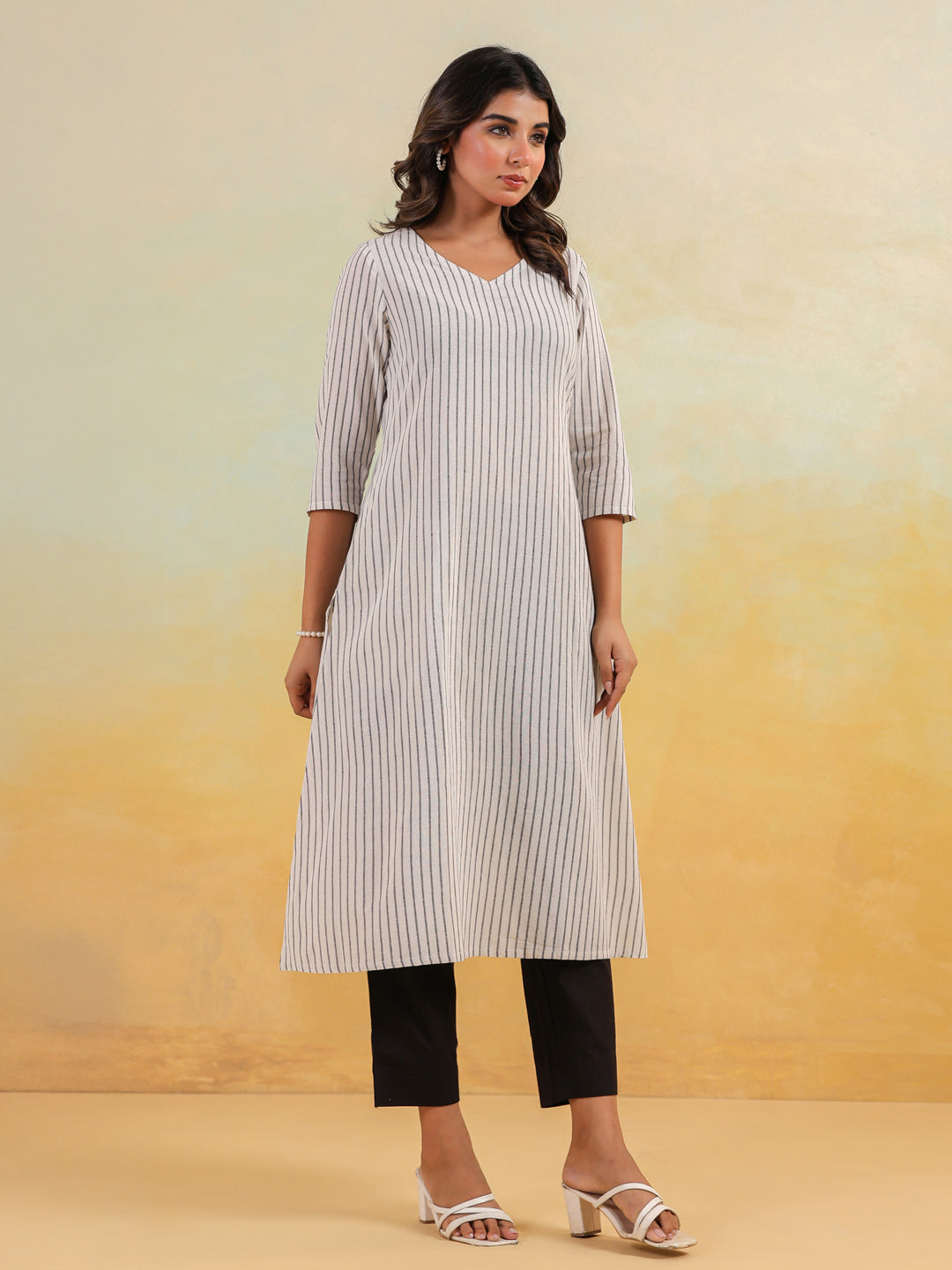 White Cotton Striped Straight Stylish Kurti for Women